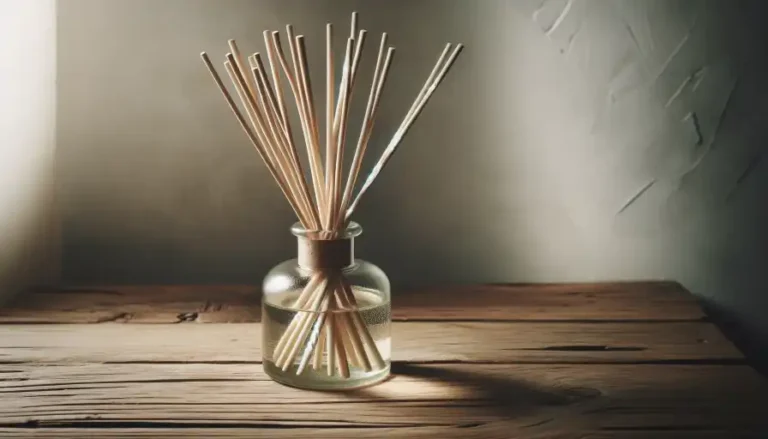 creatively repurposed reed diffuser sits on a wooden surface. The diffuser bottle, previously used, now holds a fresh bouquet of natural reeds. Thes