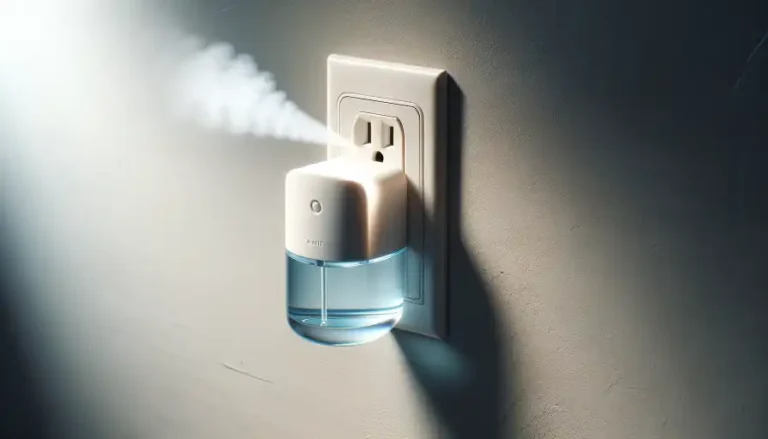 A modern plug-in air freshener is affixed to a pale-colored wall outlet, dispensing a visible puff of scented mist upwards. The device has a sleek, co