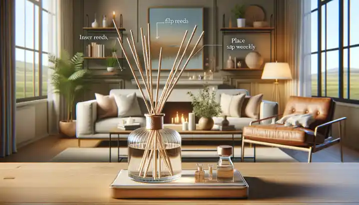 A visually informative image showing the correct usage of reed diffusers i. The image includes a reed diffuser set on a table with several reeds inserted