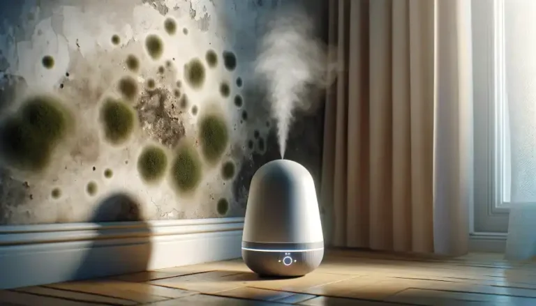 image showcasing a room diffuser placed in the corner of a room, against a wall with minimal mold spots. The diffuser is in the foreground, a sleek