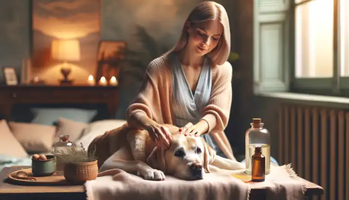 Properly diluted essential oils can be massaged into a dog's skin and fur