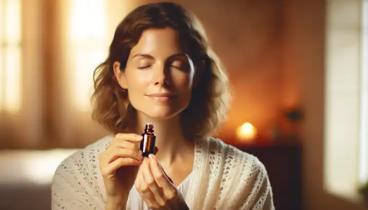 a european woman smelling essential oils blends