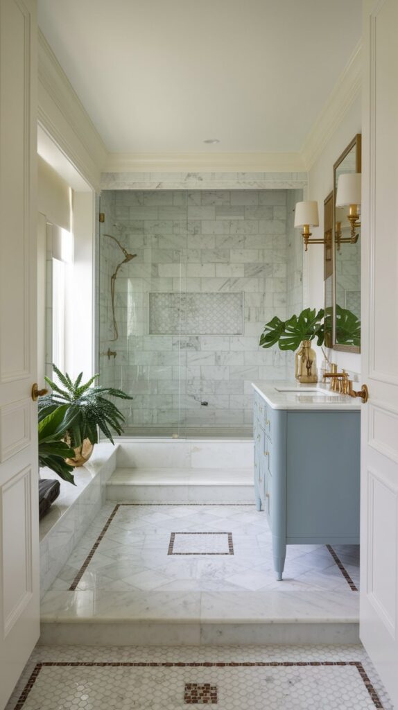 A bathroom featuring high-quality marble tiles with a slip-resistant finish, designed for wet areas. The tiles showcase a mix of patterns, including hexagons and checkered layouts, adding visual interest while maintaining a serene atmosphere.