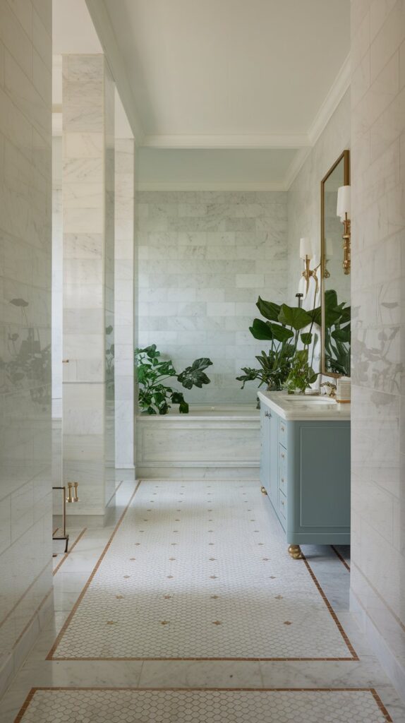 An elegant bathroom featuring classic marble tiles in a soft white tone with subtle veining, showcasing a timeless makeover. The tiles enhance the sophistication of the small space, complemented by neutral decor that brightens the room and creates an illusion of a larger area