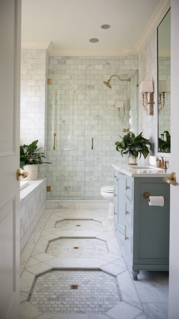 An elegant bathroom floor adorned with slip-resistant marble tiles in various patterns, such as hexagons and checks, ideal for wet environments. The durable tiles provide moisture resistance, creating a sophisticated and peaceful retreat.