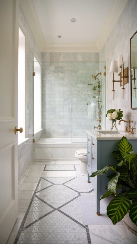 A stylish bathroom adorned with classic marble tiles in a gentle white tone and understated veining, offering a refined and timeless look. The use of neutral shades enhances the brightness and creates an illusion of spaciousness in the small area.