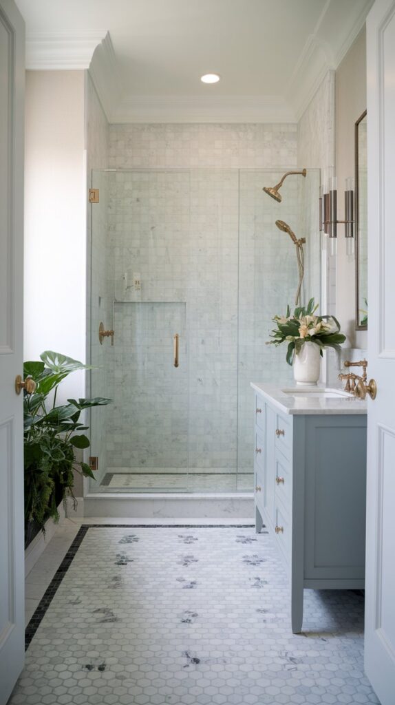 An elegant bathroom featuring classic marble tiles in a soft white tone with subtle veining, showcasing a timeless makeover. The tiles enhance the sophistication of the small space, complemented by neutral decor that brightens the room and creates an illusion of a larger area