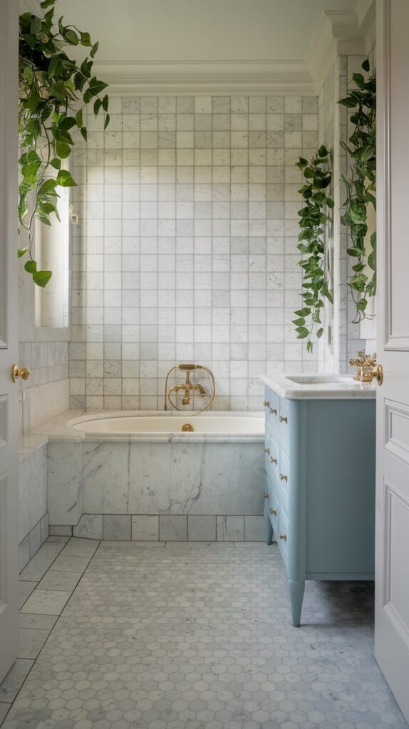 An elegant bathroom featuring classic marble tiles in a soft white tone with subtle veining, showcasing a timeless makeover. The tiles enhance the sophistication of the small space, complemented by neutral decor that brightens the room and creates an illusion of a larger area