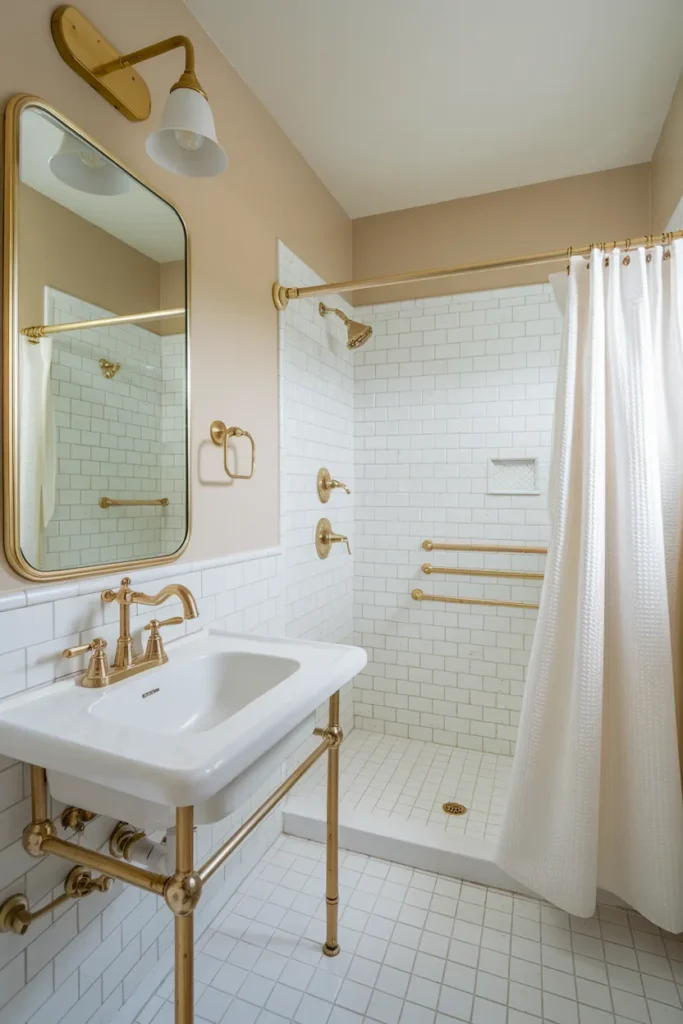 bathroom with gold fixtures for small glam bathroom ideas