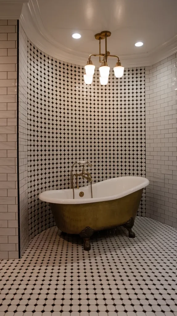 "Retro-modern bathroom with checkered floor, hexagonal mirror, and touchless sensor faucet on a floating vanity