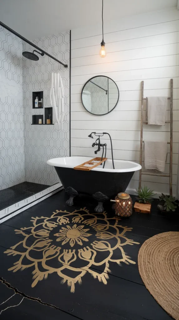 Artistic bathroom with hand-painted black floors featuring gold mandala designs and stenciled geometric patterns.