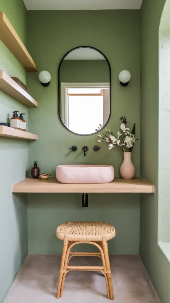 Japandi-inspired bathroom with moss green plaster walls, blush pink stone sink, and minimalist light wood shelving