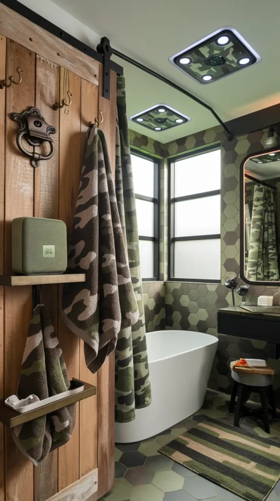 Bohemian bathroom with embroidered camo textiles, macramé plant hangers, and distressed wooden mirror.