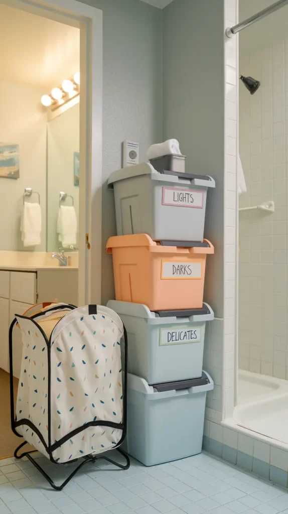 A vibrant and highly detailed feature image showcasing a beautifully organized dorm bathroom, combining all the smart storage and decor solutions