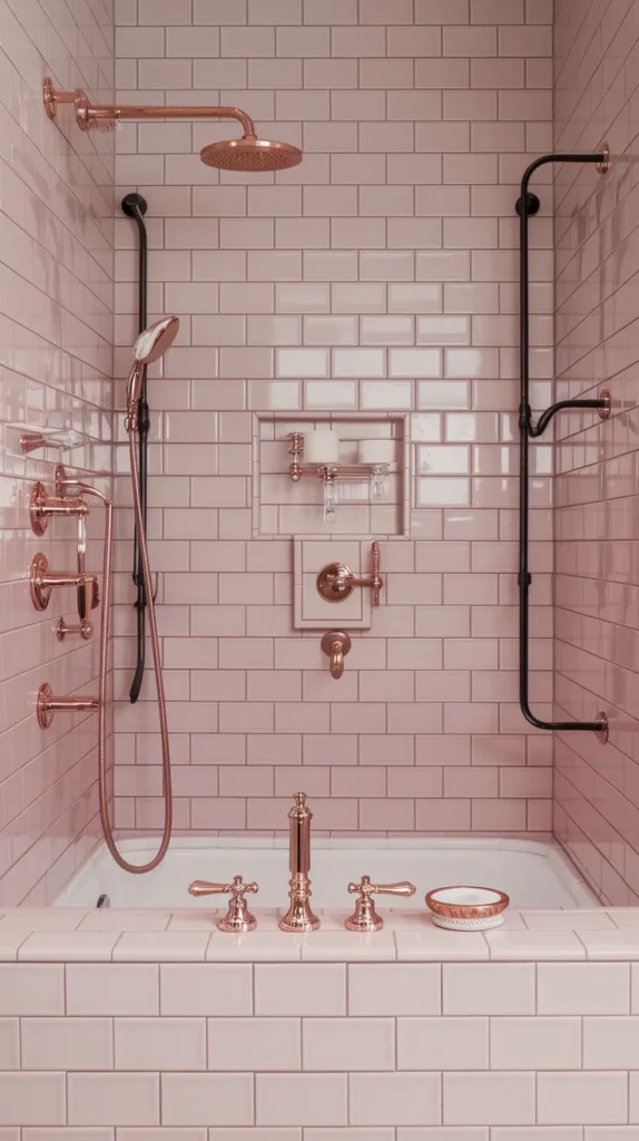 A luxurious spa-like shower with pink tiles, brass fixtures, and a teak bench for warmth