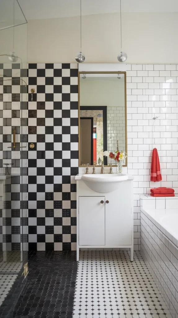 Retro diner-style bathroom with red-accented checkered tiles, neon towel ladder, and chrome pendant lights