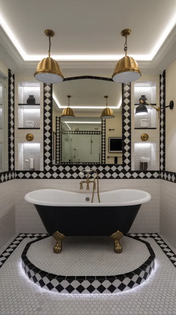 "Retro-modern bathroom with checkered floor, hexagonal mirror, and touchless sensor faucet on a floating vanity