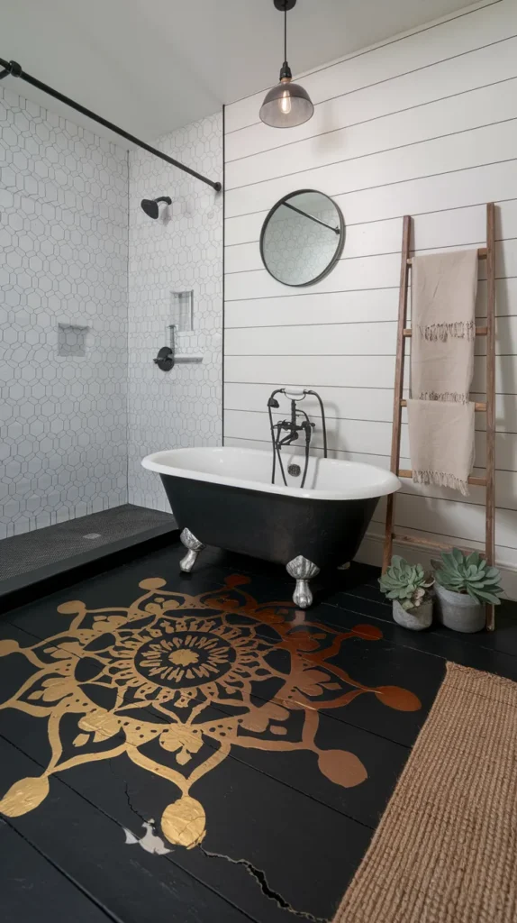 Artistic bathroom with hand-painted black floors featuring gold mandala designs and stenciled geometric patterns.