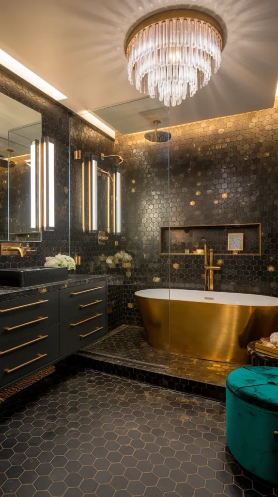 Luxurious bathroom with polished gold marble floors, white veining, and a freestanding stone bathtub.