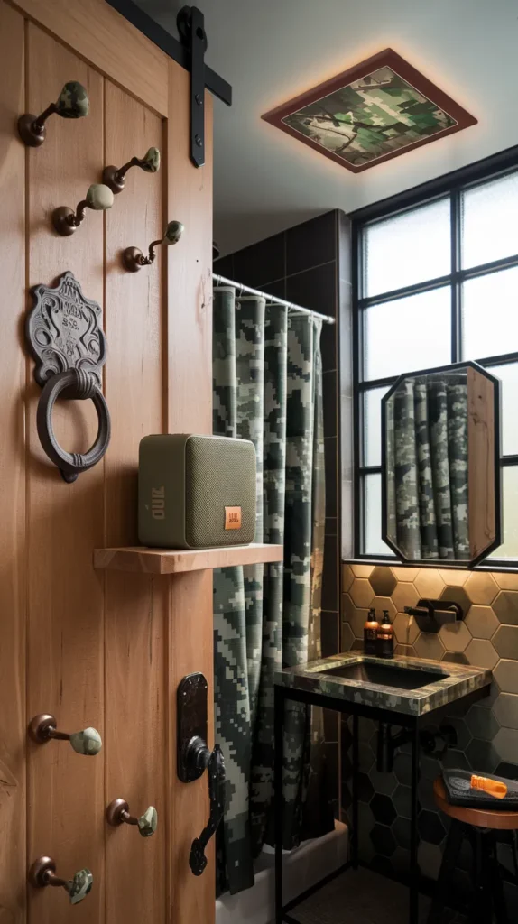 Bohemian bathroom with embroidered camo textiles, macramé plant hangers, and distressed wooden mirror.