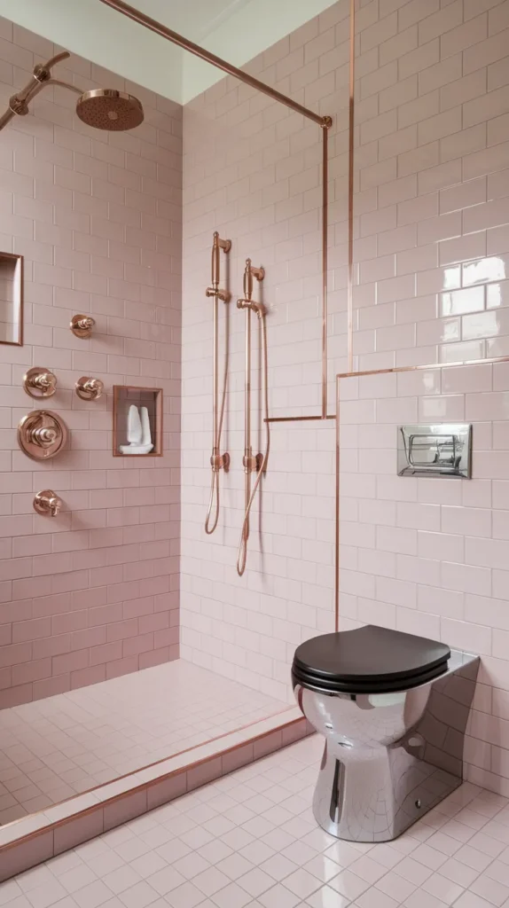 A luxurious spa-like shower with pink tiles, brass fixtures, and a teak bench for warmth