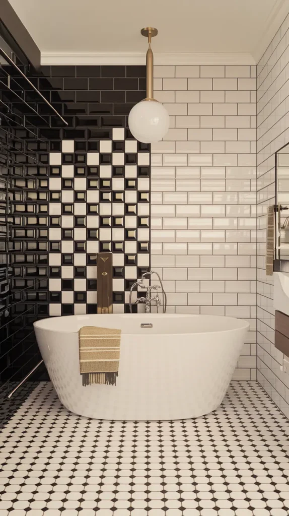 Retro diner-style bathroom with red-accented checkered tiles, neon towel ladder, and chrome pendant lights