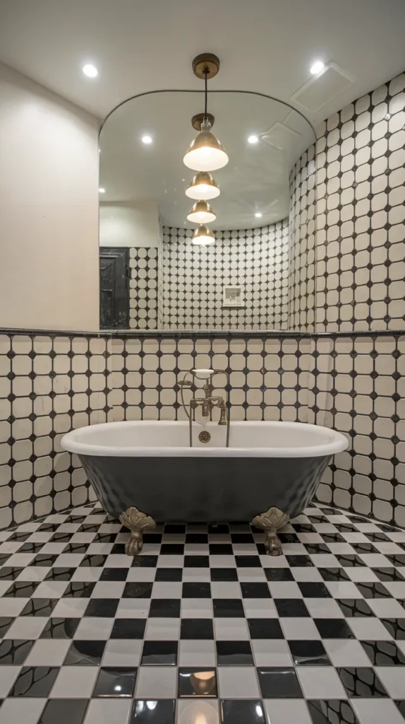 "Retro-modern bathroom with checkered floor, hexagonal mirror, and touchless sensor faucet on a floating vanity