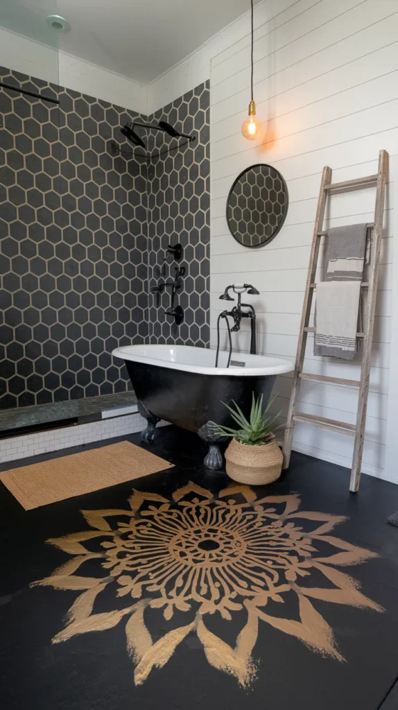 Artistic bathroom with hand-painted black floors featuring gold mandala designs and stenciled geometric patterns.