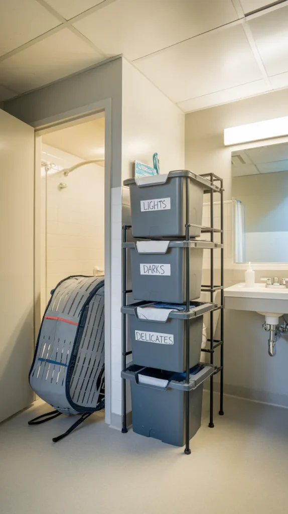 A vibrant and highly detailed feature image showcasing a beautifully organized dorm bathroom, combining all the smart storage and decor solutions