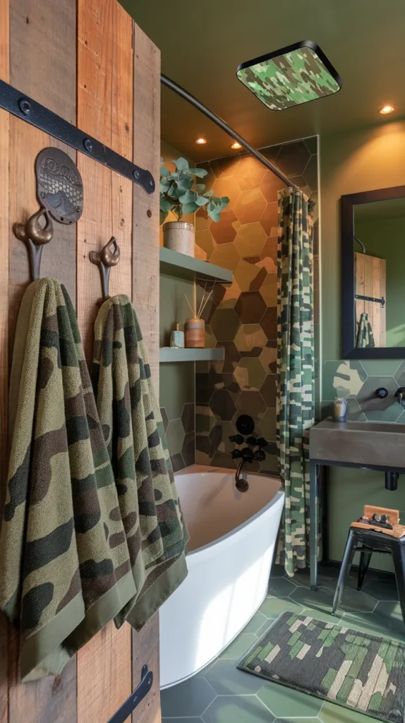 Bohemian bathroom with embroidered camo textiles, macramé plant hangers, and distressed wooden mirror.