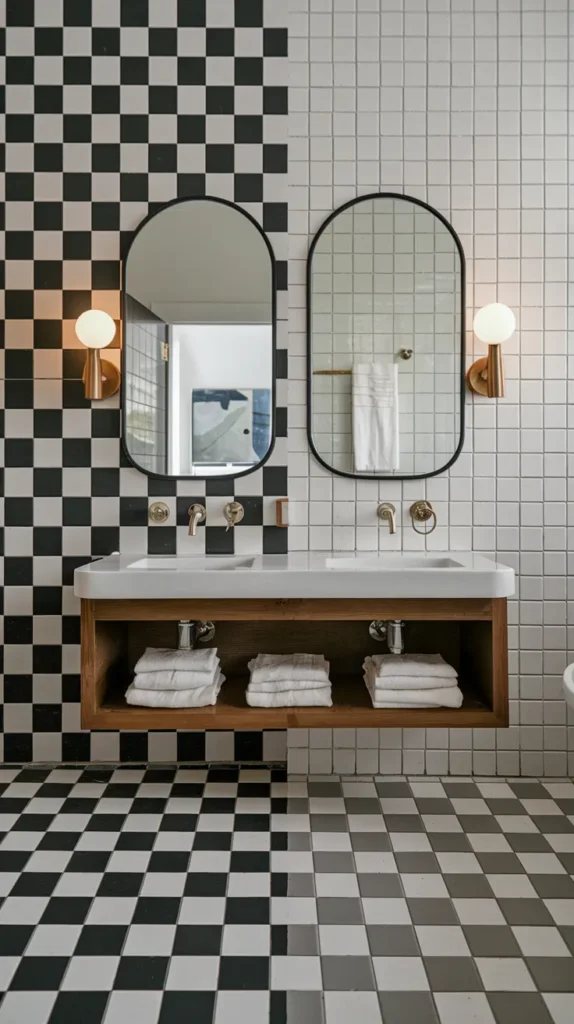 A stylish black and white checkered tile bathroom with vintage fixtures and a freestanding bathtub