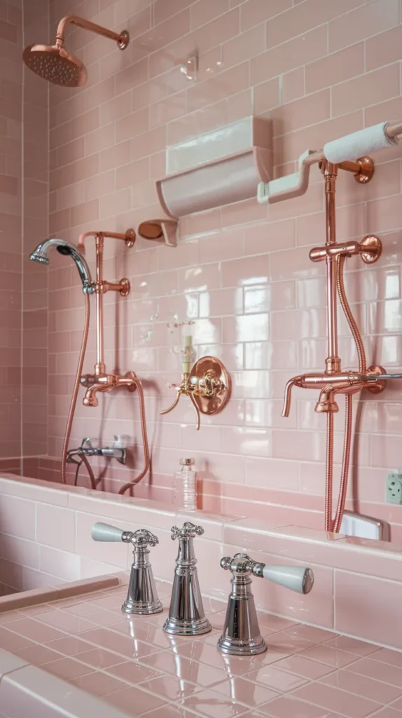 A luxurious spa-like shower with pink tiles, brass fixtures, and a teak bench for warmth