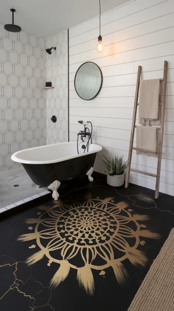 Artistic bathroom with hand-painted black floors featuring gold mandala designs and stenciled geometric patterns.