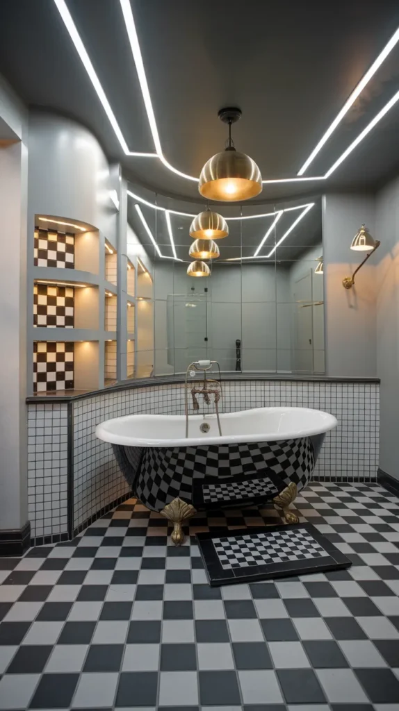 Bathroom featuring checkered tiles, open shelving with apothecary jars, and a potted snake plant.