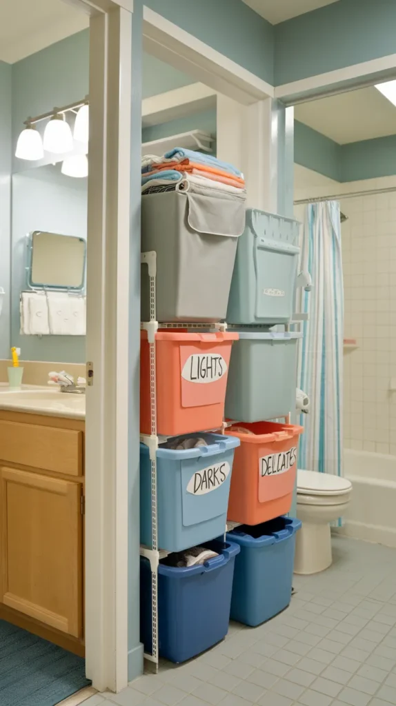 A vibrant and highly detailed feature image showcasing a beautifully organized dorm bathroom, combining all the smart storage and decor solutions