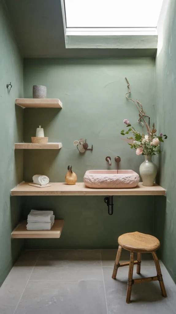 Japandi-inspired bathroom with moss green plaster walls, blush pink stone sink, and minimalist light wood shelving