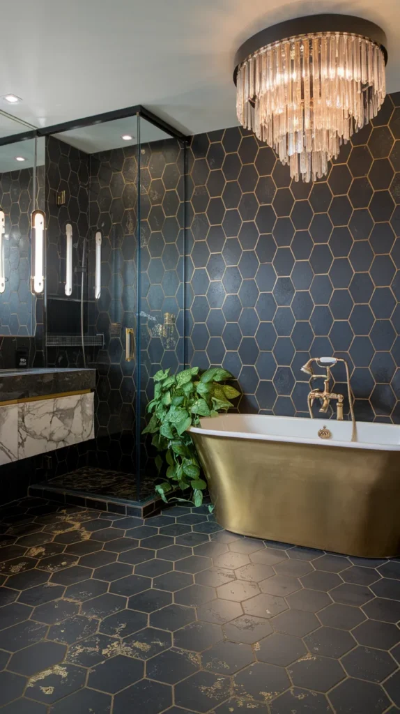 Luxurious bathroom with polished black marble floors, white veining, and a freestanding stone bathtub.