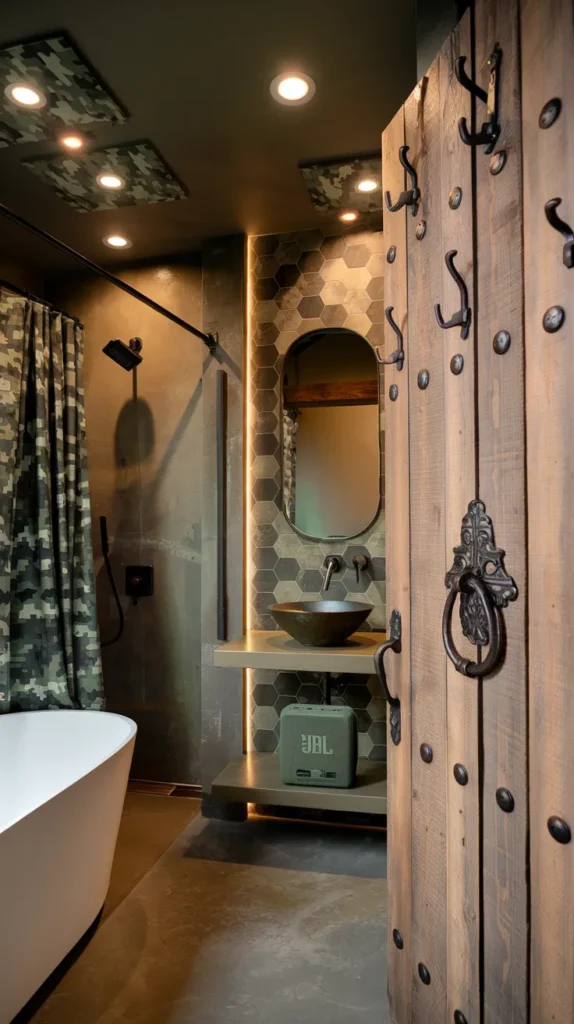 Bohemian bathroom with embroidered camo textiles, macramé plant hangers, and distressed wooden mirror.