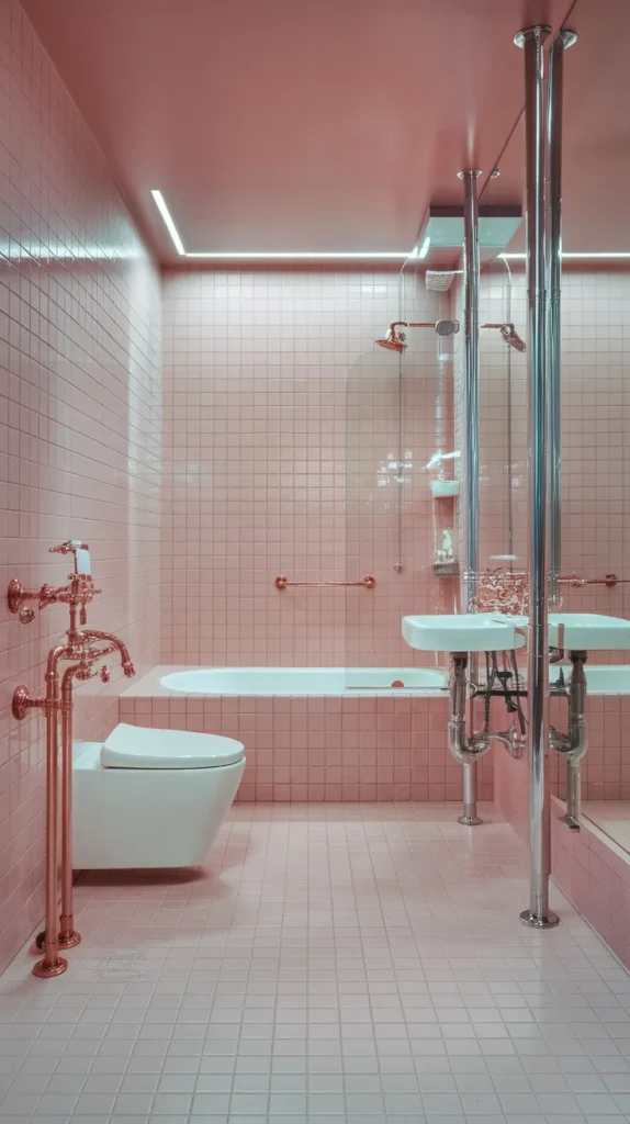 A luxurious spa-like shower with pink tiles, brass fixtures, and a teak bench for warmth