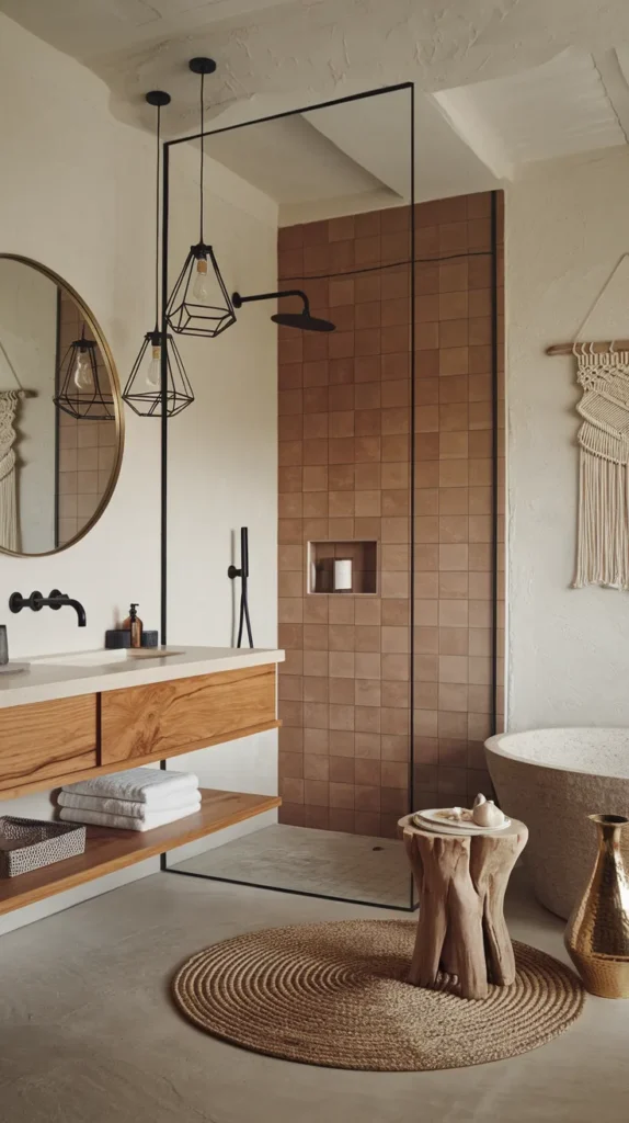 Rustic Serenity: Textured Plaster Vanity Wall, Handmade Pottery, and Sage Linens in an Earthy Bathroom