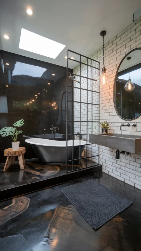 Eco-friendly bathroom with reclaimed ebony-stained wood floors, white shiplap walls, and copper fixtures.