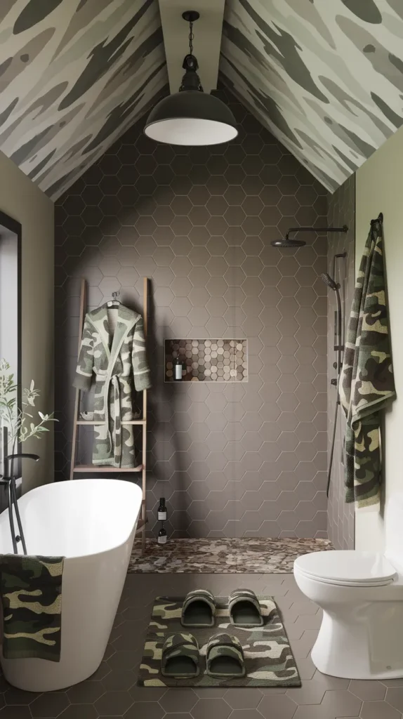 Eclectic bathroom with mixed-scale camo patterns, vintage botanical prints, and rattan pendant light.