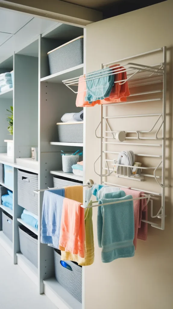 A vibrant and highly detailed feature image showcasing a beautifully organized dorm bathroom, combining all the smart storage and decor solutions