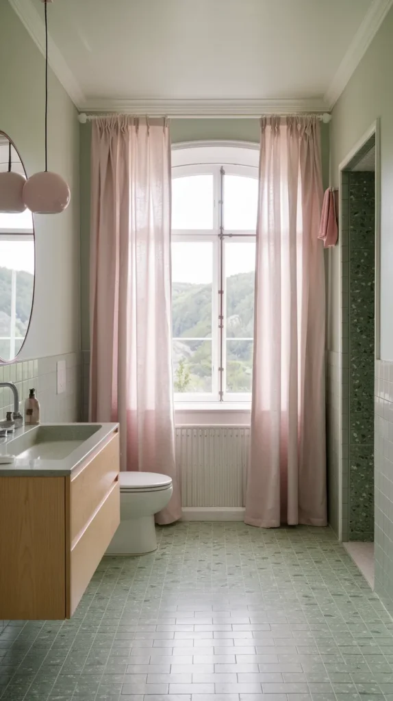 Scandinavian bathroom with pale sage walls, green terrazzo floor tiles, light oak vanity, and soft pink linen curtains.