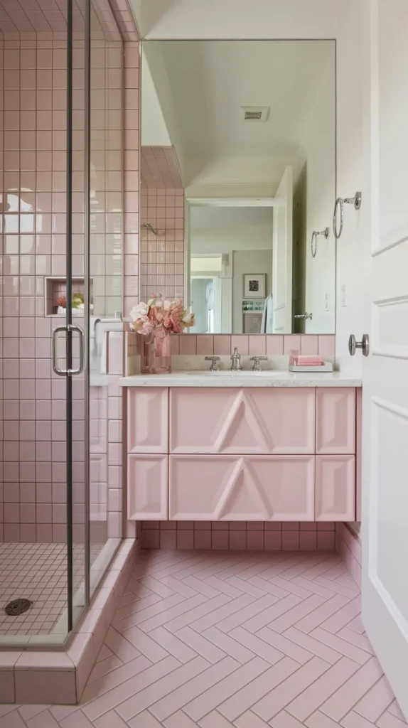 Pink tiles arranged diagonally on the floor, visually expanding the small bathroom space.