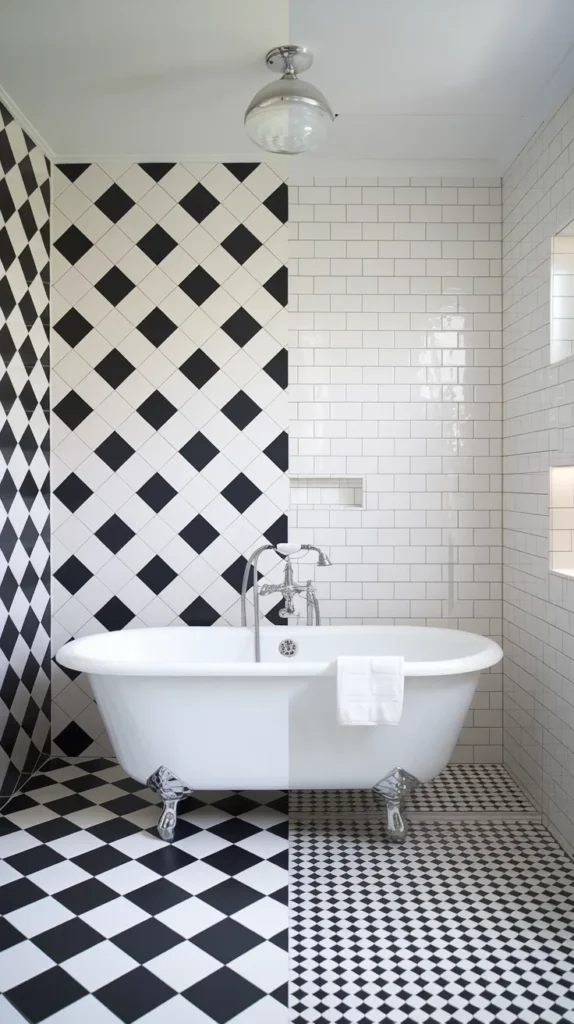 Bathroom featuring checkered tiles, open shelving with apothecary jars, and a potted snake plant.