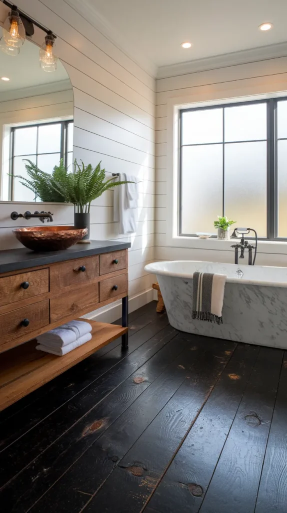 A moody, art-deco-inspired bathroom with geometric black mosaic floors, shimmering gold grout lines, and walls draped in jewel-toned velvet curtains. Crystal sconces cast prismatic light across the tiles, blending opulence with avant-garde flair.