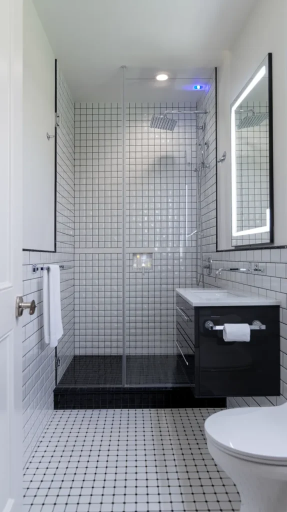 Glossy checkered tiles reflecting a statement pendant light and chrome waterfall faucet