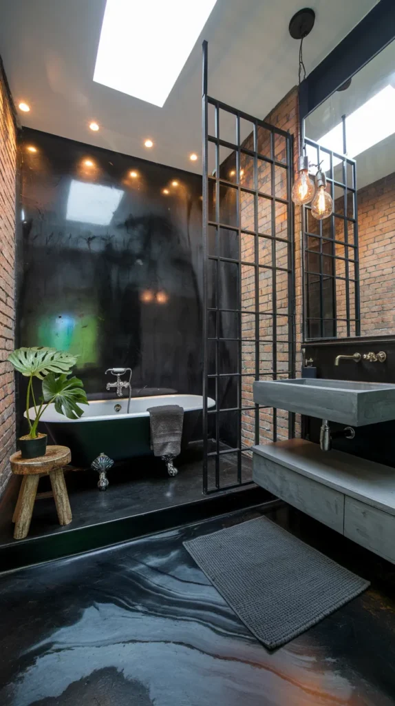 Eco-friendly bathroom with reclaimed ebony-stained wood floors, white shiplap walls, and copper fixtures.