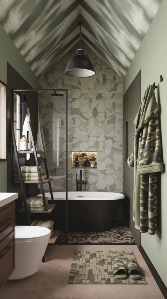 Eclectic bathroom with mixed-scale camo patterns, vintage botanical prints, and rattan pendant light.